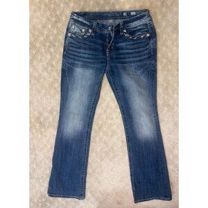 Miss Me Jeans Women's Size 28 Mid-Rise Easy Boot Cut Silver Fleur-de-Lis Bling